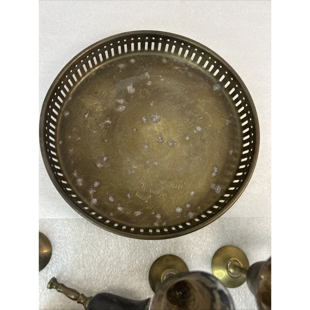 Set of 5 Vintage Brass Cordial Glasses Goblets Made In India With Tray Read
